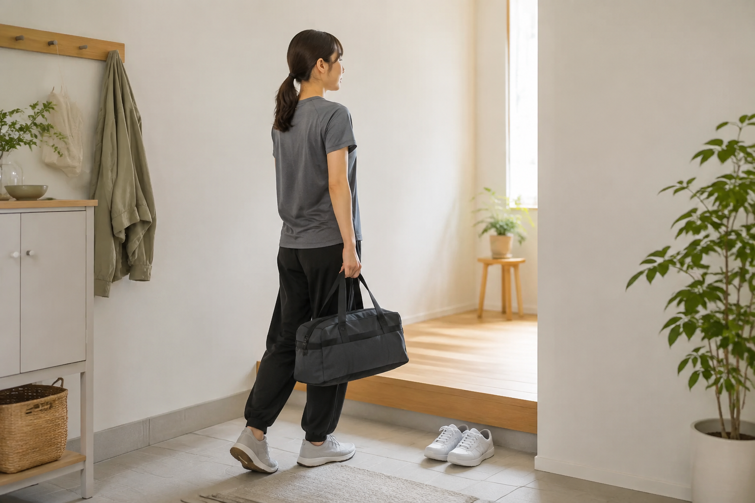 初めてのジム見学に向けて、動きやすい服装とバッグを準備する人のイメージ