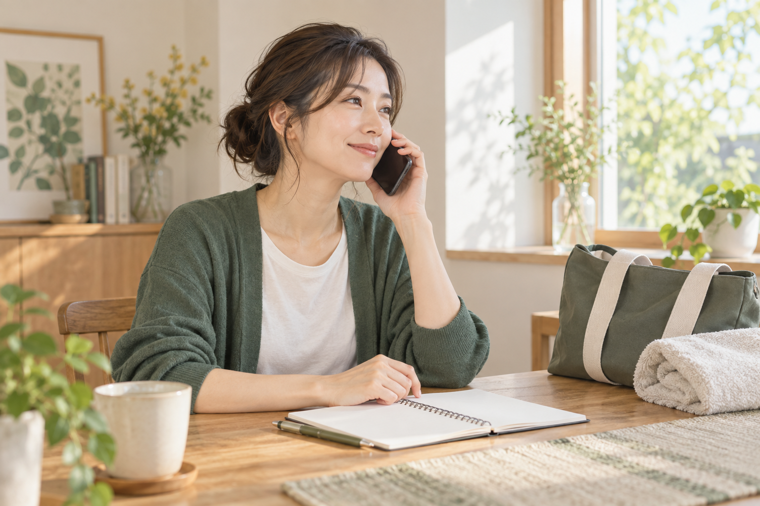 自宅のテーブルでノートを開き、ジムへの電話相談をする人のイメージ
